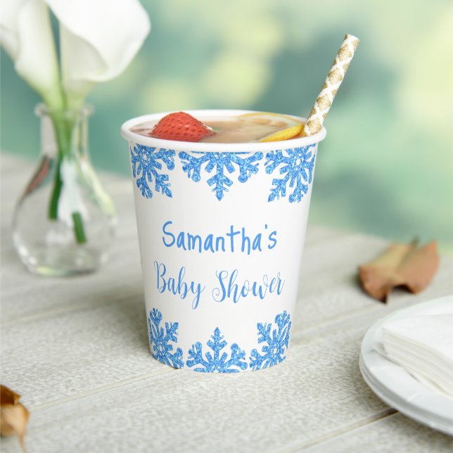Blue Snowflake Winter Boy Baby Shower Paper Cups (Insitu)