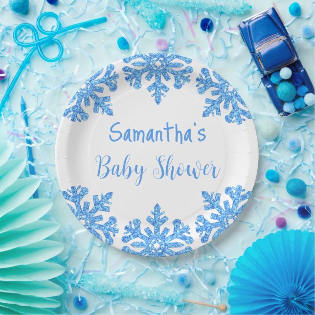 Blue Snowflake Winter Boy Baby Shower Paper Plates (Party)