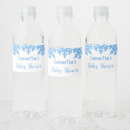 Blue Snowflake Winter Boy Baby Shower Water Bottle Label