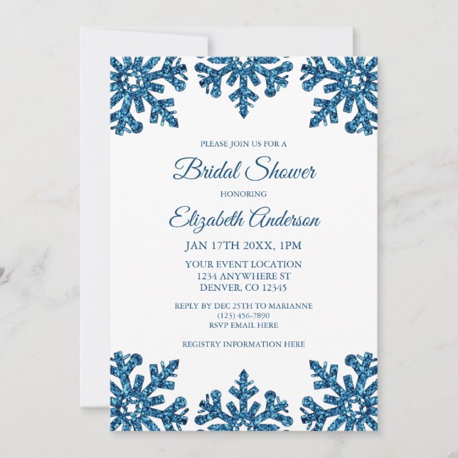 Blue Snowflake Winter Bridal Shower Invitation (Front)