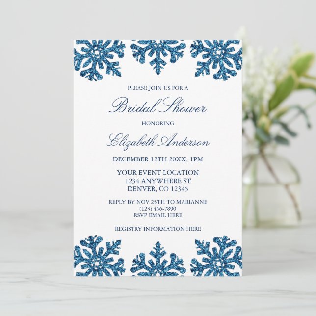 Blue Snowflake Winter Bridal Shower Invitation (Standing Front)