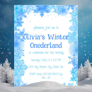 Blue Snowflake Winter Onederland Party Invitation