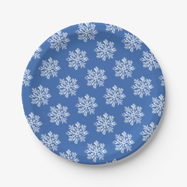 Blue Snowflake Winter Pattern Christmas Holiday  Paper Plates (Front)