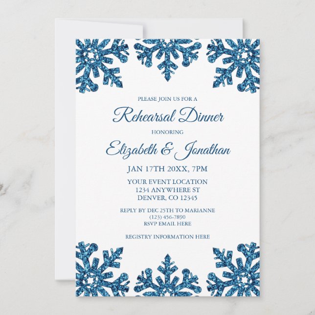 Blue Snowflake Winter Rehearsal Dinner Invitation (Front)