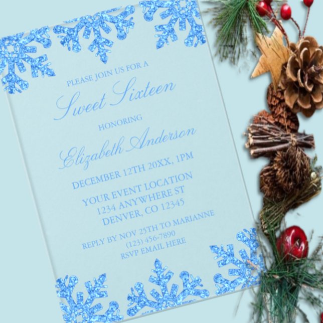 Blue Snowflake Winter Sweet 16 Acrylic Invitations (Creator Uploaded)