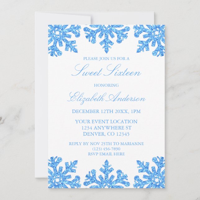 Blue Snowflake Winter Sweet 16 Invitation (Front)