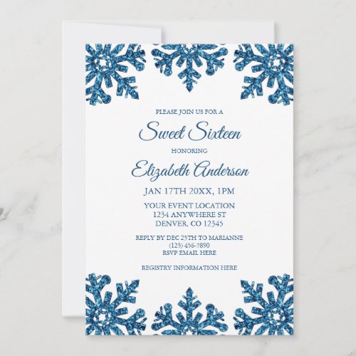 Blue Snowflake Winter Sweet Sixteen Invitation
