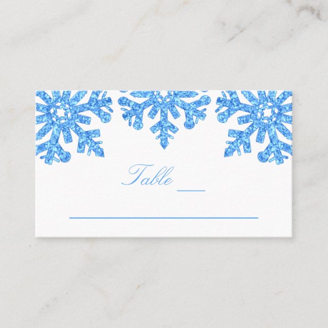 Blue Snowflake Winter Wedding Place Card (Front)