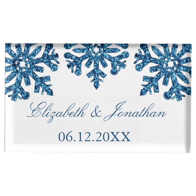 Blue Snowflake Winter Wedding Place Card Holder (Front)