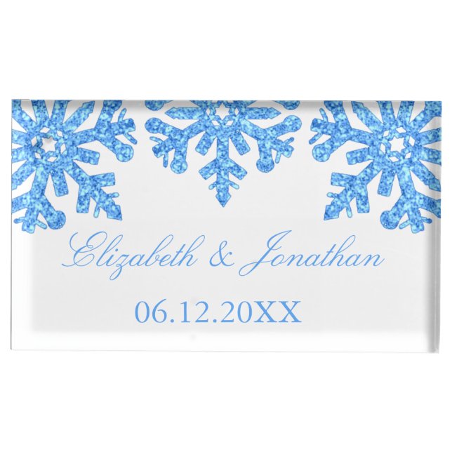 Blue Snowflake Winter Wedding Place Card Holder (Front)