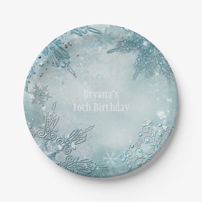 Blue Snowflake Winter Wonderland Elegant Party Paper Plates (Front)