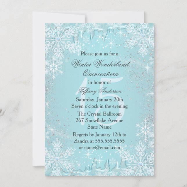 Blue Snowflake Winter Wonderland Quinceanera Invitation (Front)