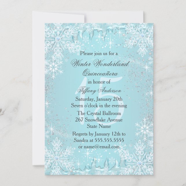 Blue Snowflake Winter Wonderland Quinceanera Invitation (Front)