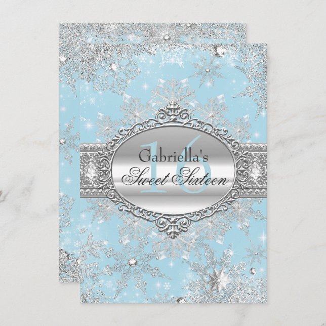 Blue Snowflake Winter Wonderland Sweet 16 Invite (Front/Back)
