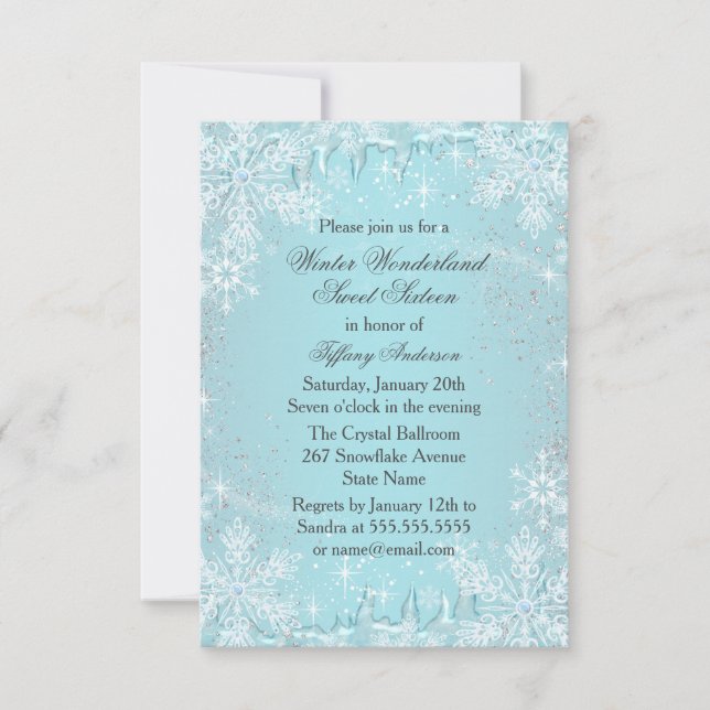 Blue Snowflake Winter Wonderland Sweet 16 Invite (Front)