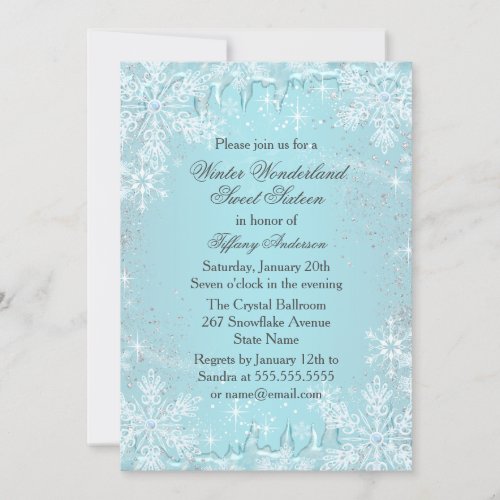 Blue Snowflake Winter Wonderland Sweet 16 Invite