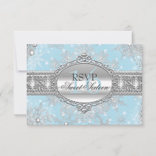 Blue Snowflake Winter Wonderland Sweet 16 RSVP Card (Front)