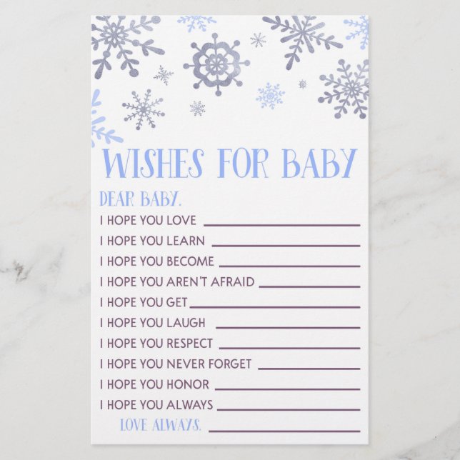 Blue Snowflake Wishes For Baby Shower Activity Stationery (Front)