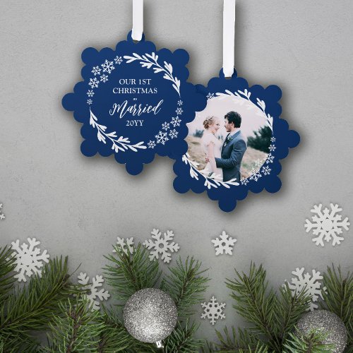 Blue Snowflake Wreath 1st Christmas Married Photo Ornament Card