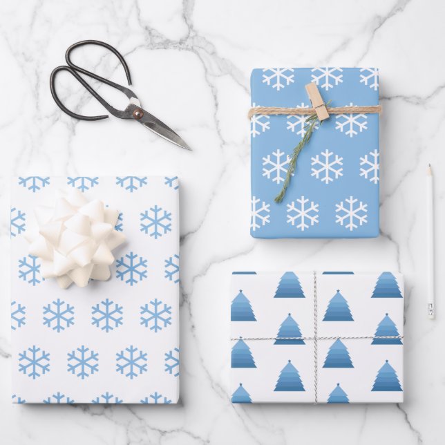 Blue Snowflakes and Christmas Tree Pattern Wrapping Paper Sheets (Front)