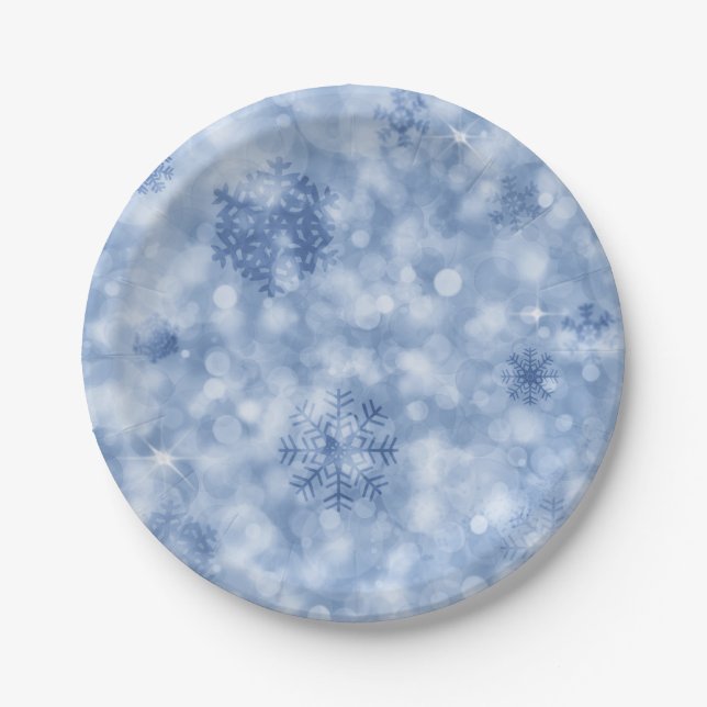 Blue snowflakes and sparkles paper plates (Front)