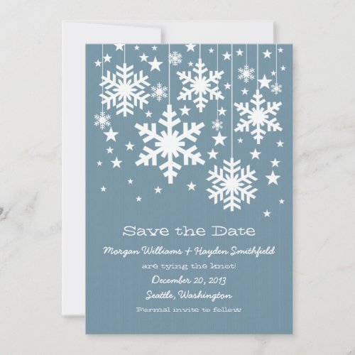 Blue Snowflakes and Stars Save the Date Invite