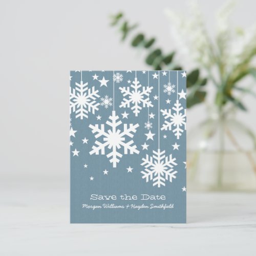 Blue Snowflakes and Stars Save the Date Postcard