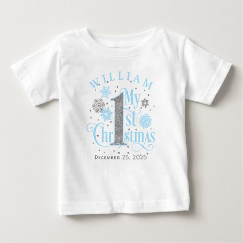  Blue Snowflakes Baby boy first Christmas Baby Bod Baby T_Shirt