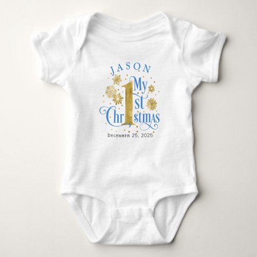 Blue Snowflakes Baby Boy First Christmas  Baby Bodysuit
