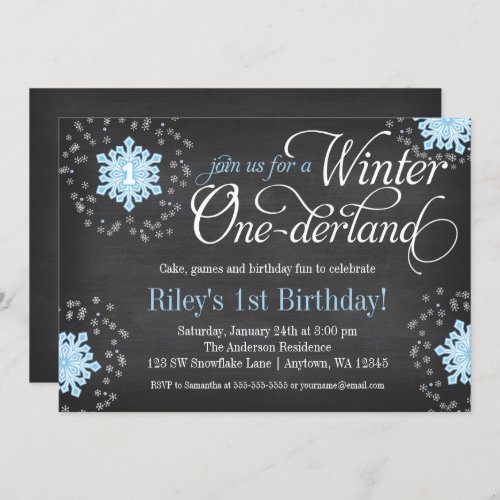 Blue Snowflakes Chalkboard Winter Onederland Invitation