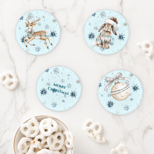 Blue Snowflakes Christmas Deer with Bow Coaster Set (In Situ)