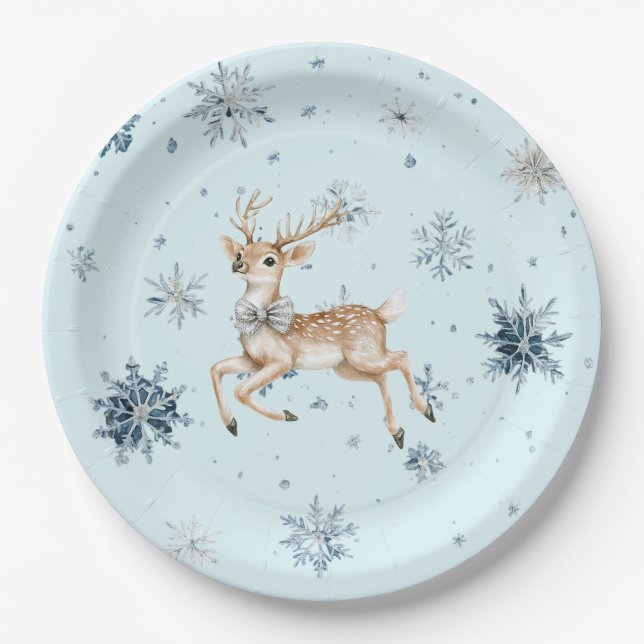 Blue Snowflakes Christmas Deer with Bow Paper Plates (Front)