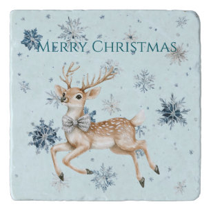 Blue Snowflakes Christmas Deer with Bow Trivet