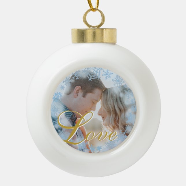 Blue Snowflakes Christmas Love Personalized Photo  Ceramic Ball Christmas Ornament (Front)