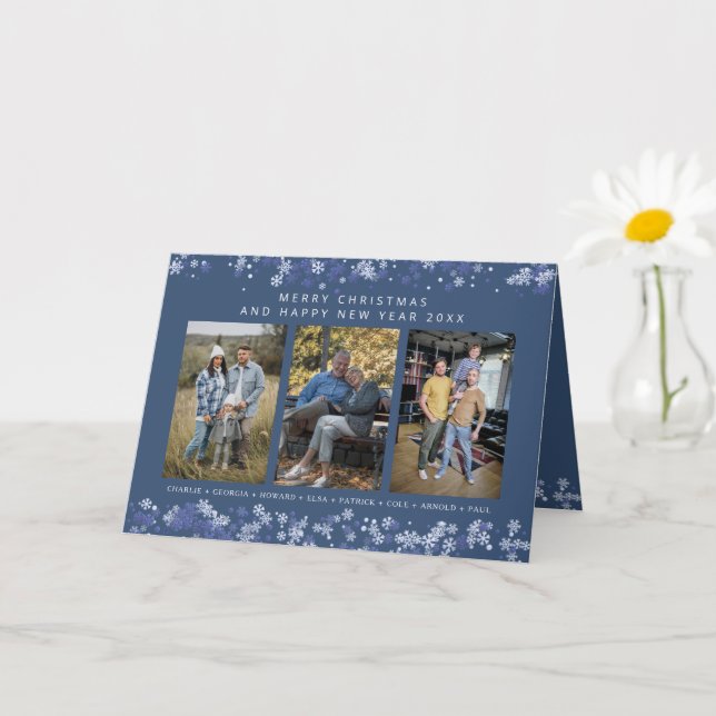 Blue Snowflakes Christmas Modern Collage 3 Photos Card (Small Plant)