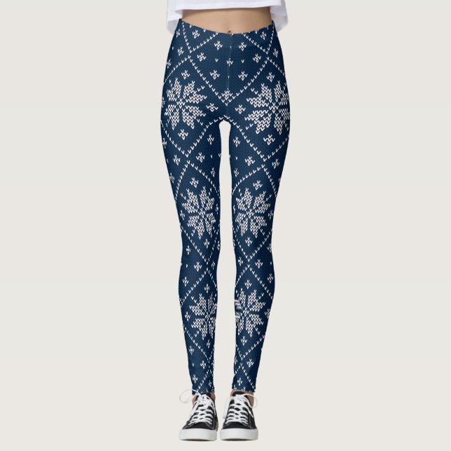 Blue Snowflakes Christmas Sweater Knit Pattern Leggings (Front)