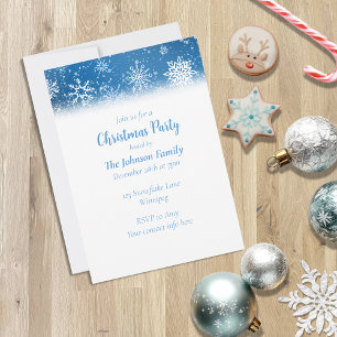Blue Snowflakes Classic White Snow Christmas Party Invitation