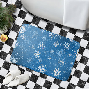 Blue Snowflakes Classic Winter White Snow Bath Mat