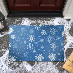 Blue Snowflakes Classic Winter White Snow Doormat