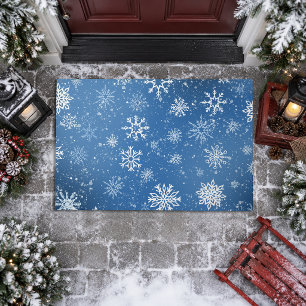 Blue Snowflakes Classic Winter White Snow Doormat