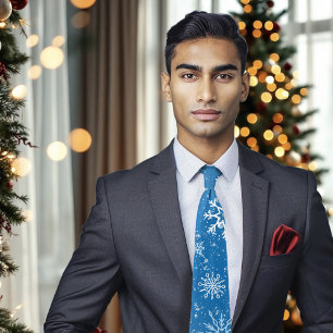 Blue Snowflakes Classic Winter White Snow Neck Tie