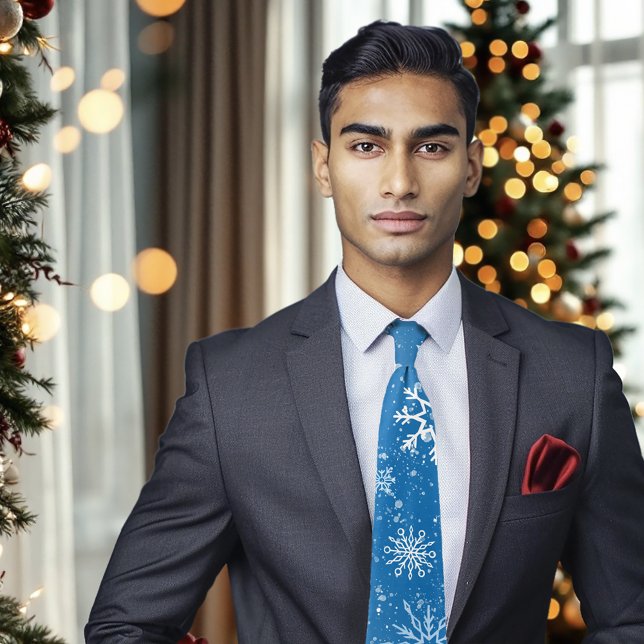 Blue Snowflakes Classic Winter White Snow Neck Tie (Creator Uploaded)