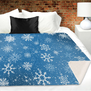 Blue Snowflakes Classic Winter White Snow Sherpa Blanket