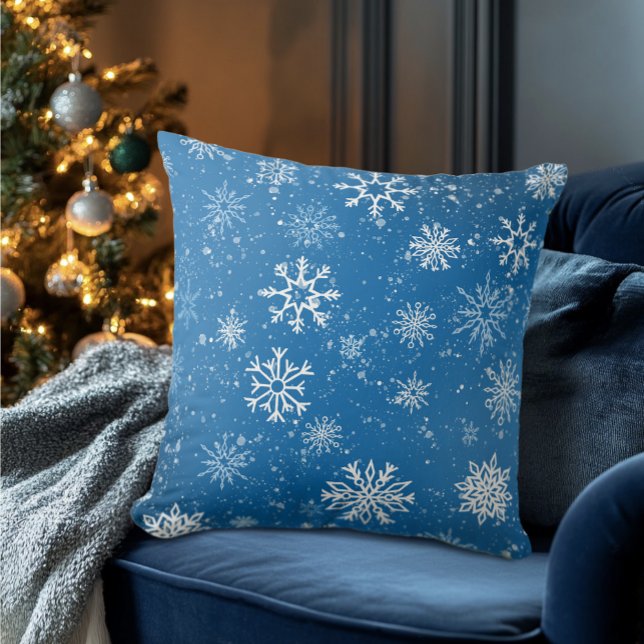 Blue Snowflakes Classic Winter White Snow Throw Pillow (Creator Uploaded)