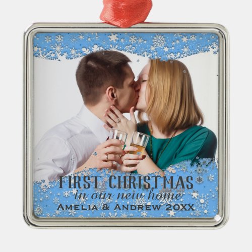 Blue Snowflakes Custom Photo Christmas in New Home Metal Ornament