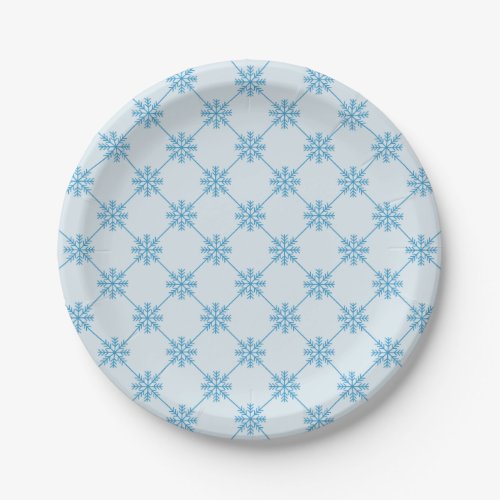 Blue Snowflakes Diagonal Square Pattern Paper Plates
