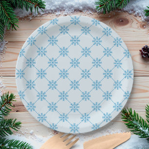 Blue Snowflakes Diagonal Square Pattern Paper Plates