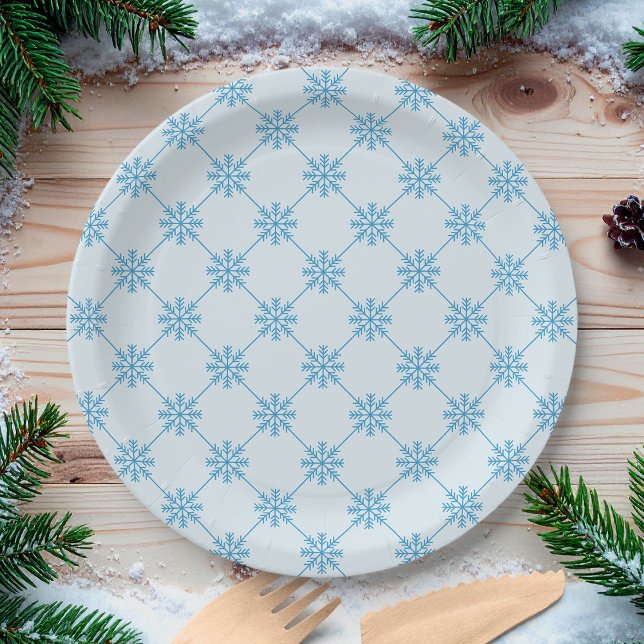 Blue Snowflakes Diagonal Square Pattern Paper Plates (Creator Uploaded)