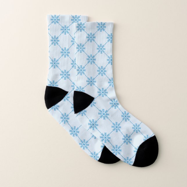 Blue Snowflakes Diagonal Square Pattern Socks (Pair)