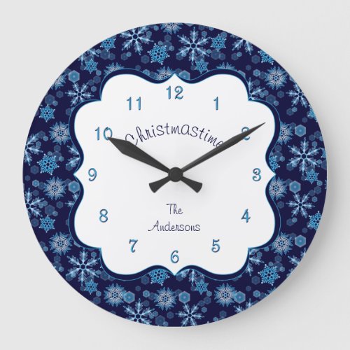 Blue Snowflakes Falling Pattern Personalized Large Clock